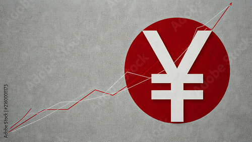 Large white yen symbol in red circle on gray textured background with rising candlestick graph and trend arrow, created with generative ai.