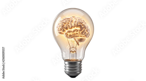 Glowing human brain inside light bulb, creative intelligence and innovation concept, bright idea and mental power metaphor isolated PNG with Transparent Background