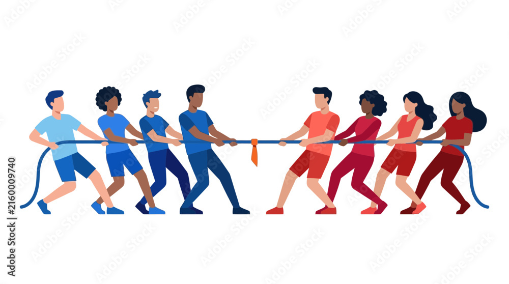 Fototapeta premium Diverse teams in tug of war competition on white background