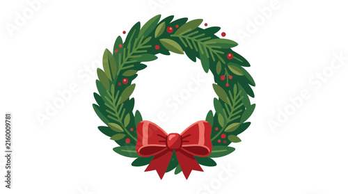 Festive Green Wreath with Red Bow Isolated