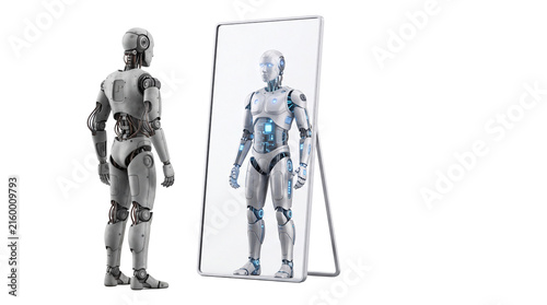 Futuristic humanoid robot looking in mirror, artificial intelligence self awareness concept, metallic android reflection isolated PNG with Transparent Background