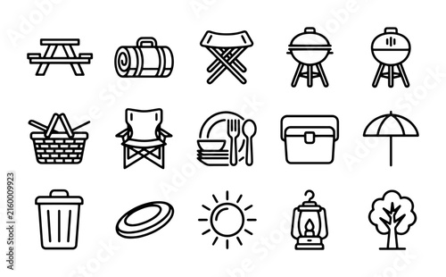 Bild auf Leinwand Picnic and camping icons outline solid styles, UI and web interface