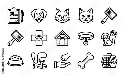 Pet care icons outline solid styles, UI and web interface.