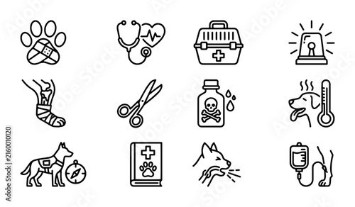 Veterinary icons for animal care, pet health, and medical services outline solid styles, UI and web interface.