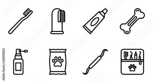 Pet dental care icons outline solid styles, UI and web interface.