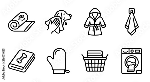 Dog grooming and laundry icons outline solid styles, UI and web interface.