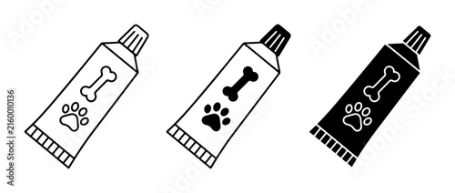 Pet dental care toothpaste tube with paw print and bone outline solid styles, UI and web interface.