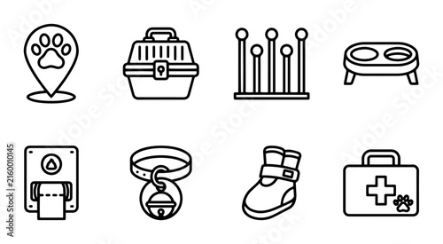 Pet care icons including location, carrier, grooming, food bowl, dispenser, collar, boot, and first aid kit outline solid styles, UI and web interface.