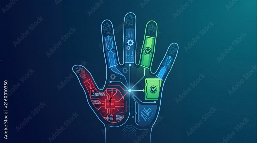 Naklejka premium Futuristic biometric hand scan with digital interface, glowing cybernetic palm with circuit lines, high-tech security authentication concept illustration
