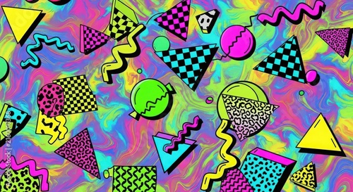 Vibrant retro pattern with geometric shapes, squiggles, and bright colors.