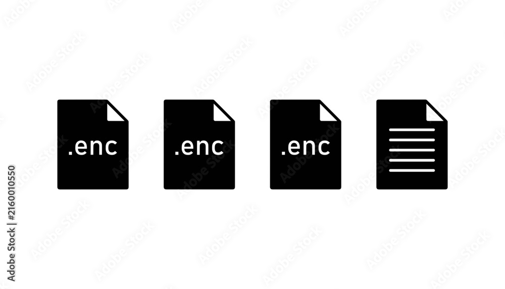 Fototapeta premium Encrypted document file extension format icons showing solid black pages with dot enc label for security storage (17 words)