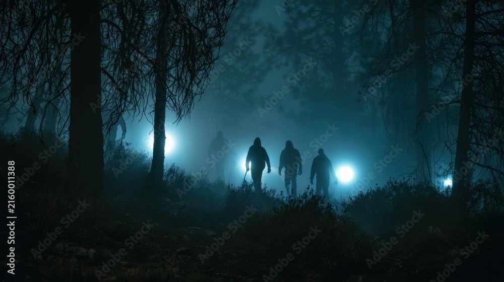 Naklejka premium Three shadowy figures walking through dark foggy forest at night with bright eerie lights creating spooky atmosphere and mysterious silhouette shapes