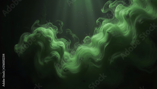 Atmospheric green smoke billows with floating dust particles against a dark backdrop, created with generative ai.