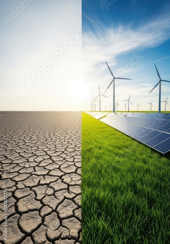 A dramatic landscape showing the shift from parched cracked earth to a vibrant green field featuring tall wind turbines and solar panels, meadow, utility, resource