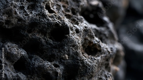 Close up of dark porous volcanic rock surface showing textured holes and rough natural stone detail under soft lighting