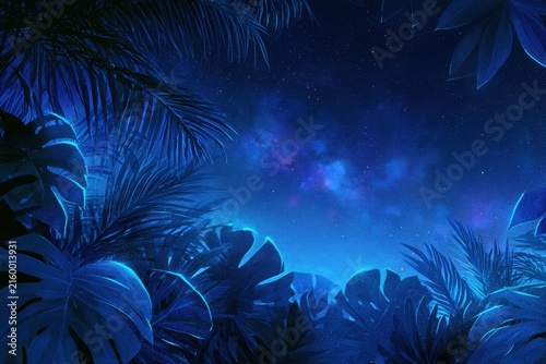 Blue Tropical Leaves Over a Starry Space Background for Modern Design Background Template