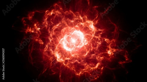 Abstract red fireball energy burst illustration. Glowing plasma ball core with smoke texture. Intense fiery vortex effect. Hot ember isolation background.