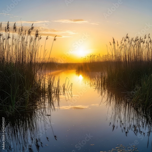 A serene fen landscape at dawn featuring tall reeds, calm marsh water reflecting a golden sky, and a gentle mist rising over the wetlands, outdoor, environment, landscape