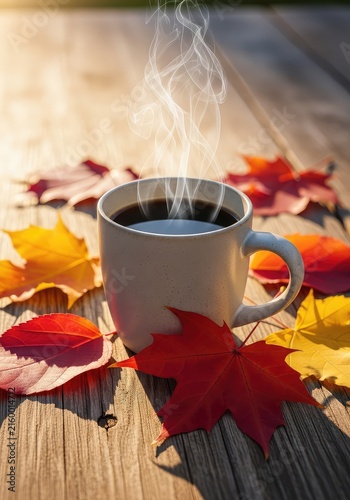 A steaming ceramic mug of coffee rests on a rustic wooden table with colorful autumn leaves under warm morning sunlight and soft shadows, relaxation, foliage, mug