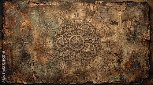 Antique Steampunk Clock Mechanism Engraved on Weathered Parchment Paper Texture for Vintage Design Projects