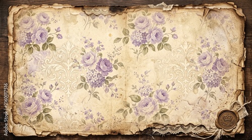 Vintage Antique Victorian Style Scrapbook Background Featuring Faded Purple Floral Damask Pattern and Aged Distressed Paper Texture
