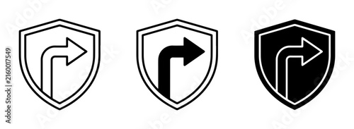 Shield with Right Turn Arrow Icons, Security and Direction Set
