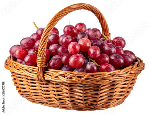 Red grapes in a wicker basket isolated on transparent background