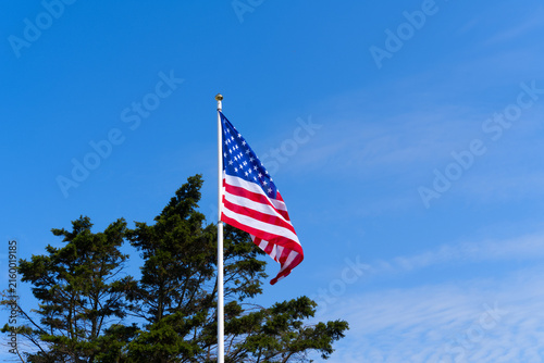 Close-up of flying American flag at Boulevard Clémencau at French city of Le Havre on a sunny summer day. Photo taken July 14th, 2026, Le Havre, Normandie, France.