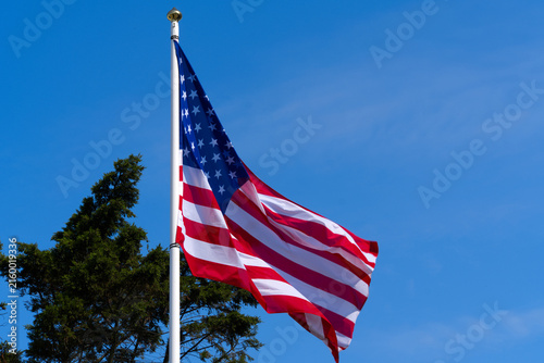Close-up of flying American flag at Boulevard Clémencau at French city of Le Havre on a sunny summer day. Photo taken July 14th, 2026, Le Havre, Normandie, France.