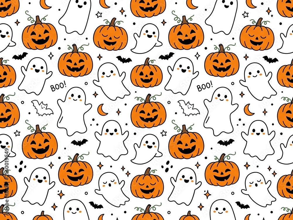 Fototapeta premium Halloween Ghost and Pumpkin Seamless Pattern Doodle Vector