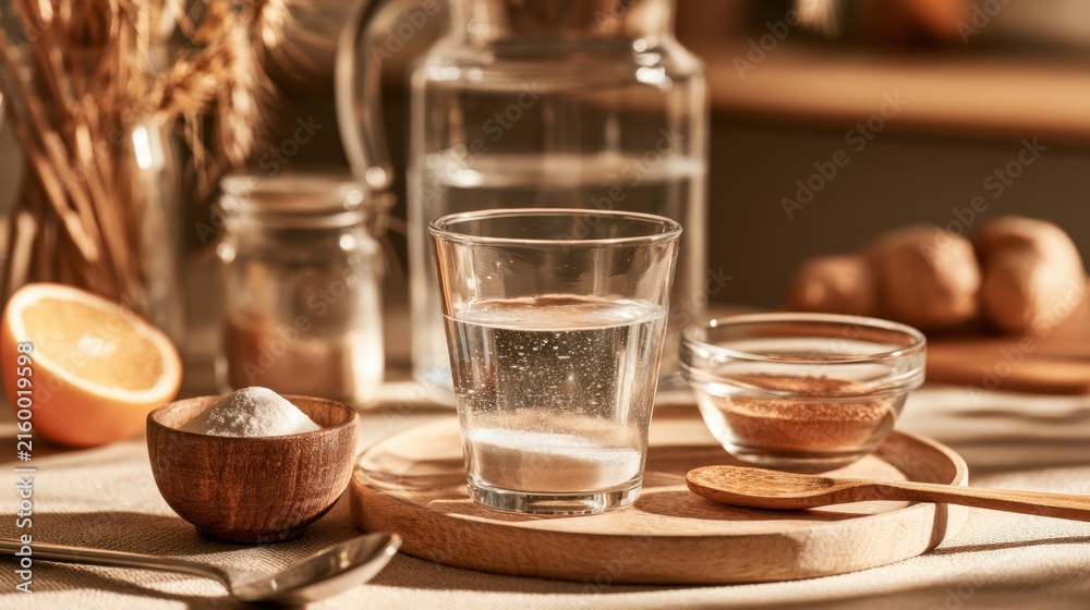 Fototapeta premium Clear glass of sparkling water on round wooden tray with natural light, salt, orange, dried flowers, rustic background for healthy lifestyle and refreshment concept