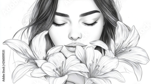 This is a delicate black and white pencil sketch. In the picture, a long-haired girl has her eyes closed, and several graceful lilies surround her face. The lines are smooth and soft