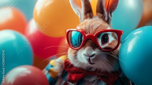 A fashionable rabbit wearing red glasses poses with colorful balloons in a vibrant setting