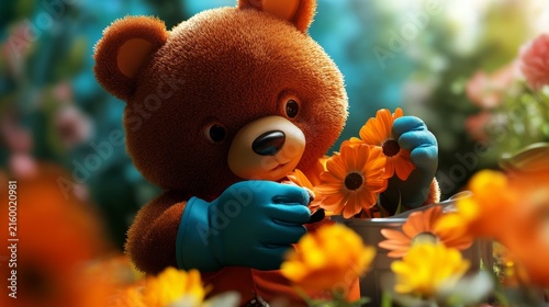 A bear tenderly tends to bright flowers in a garden, showcasing a gentle connection with nature