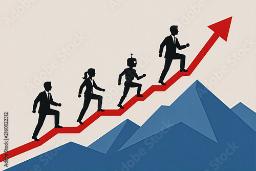 Business success of a team with AI support, robot, climbing up an upward red graph with arrow, mountain, black silhouettes, flat design, men, woman