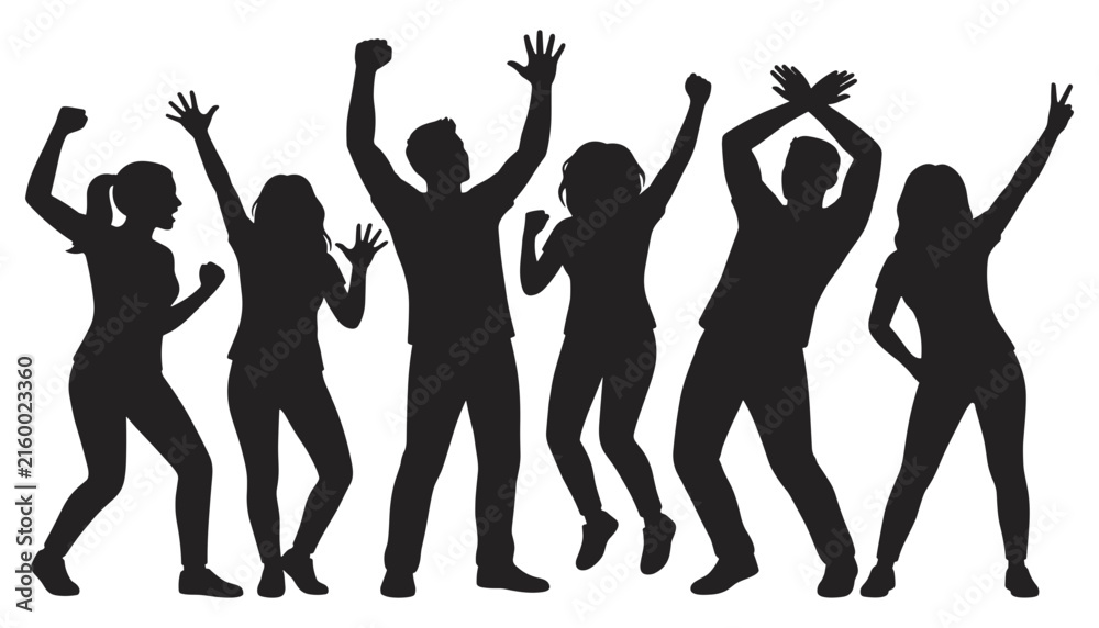 Fototapeta premium Group of People Dancing Silhouette Set with Men and Women Celebrating in Energetic Poses for Party, Festival, and Celebration Designs