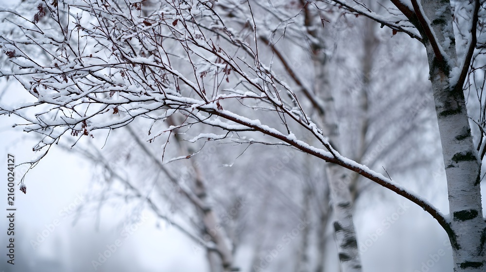 Obraz premium Snow delicately coats bare branches of birch trees against a soft hazy winter backdrop under natural light