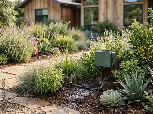 Drought tolerant garden with drip irrigation beside modern wooden house. Sustainable landscaping with native plants, water conservation, and eco friendly residential design concept.