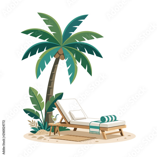 Tropical Beach Relaxation Scene with Palm Tree and Lounge Chair