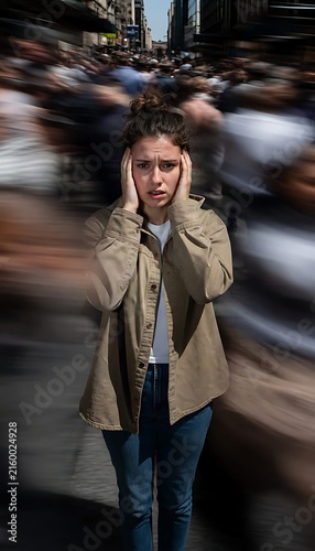 Stressed woman covering her ears while surrounded by a heavily motion-blurred crowd, visually expressing anxiety, sensory overload, noise pollution, social pressure, overwhelm, burnout, and adhd.