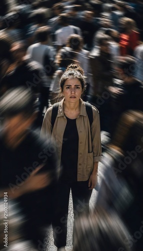 Woman standing still in a crowded urban environment while surrounding people appear motion blurred, creating a striking visual metaphor for isolation, overwhelm, individuality, and the pressure of mod