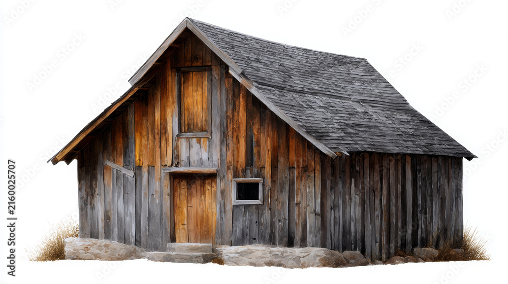 Naklejka premium Rustic wooden barn, isolated white background, conveys poignant sense of old country farm heritage. Weathered building stands quietly, aging timber reflects bygone era, evoking solitude and peace