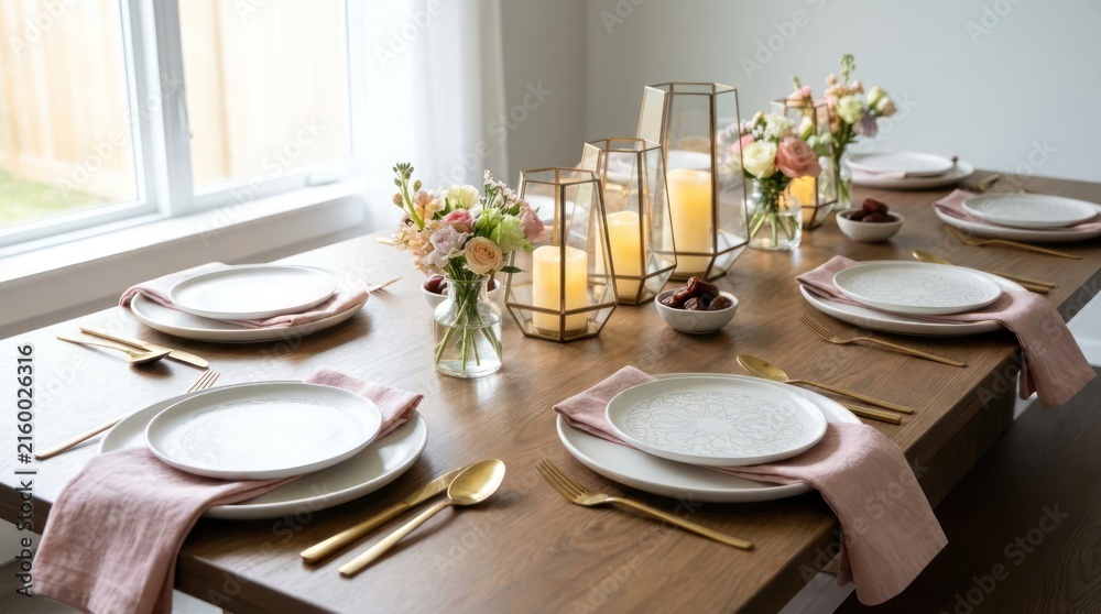 Fototapeta premium Elegant dining table set with candles for festive celebration.