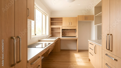Modern accessible kitchen interior with light wood cabinetry and universal design features