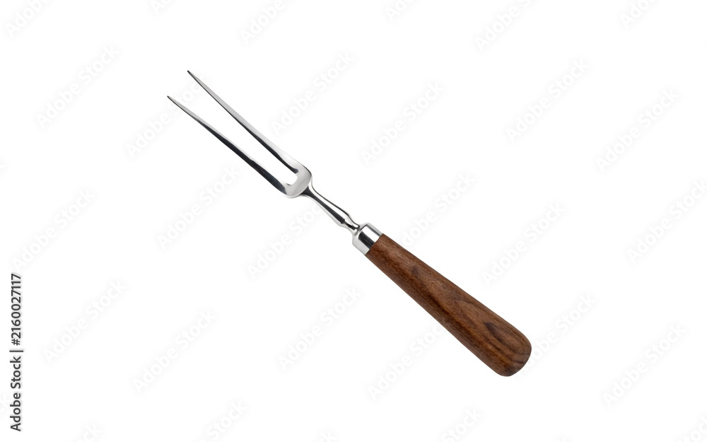 Fototapeta premium Handheld kitchen tool with wooden handle and two metal prongs for serving or grilling food items