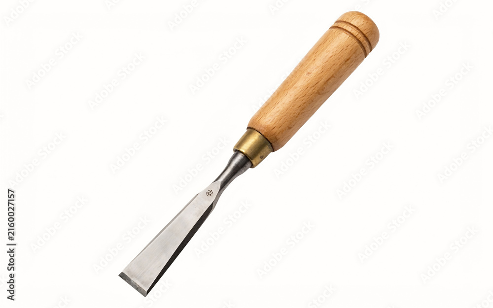 Fototapeta premium Handheld wooden handled chisel tool with metal blade shown against transparent background