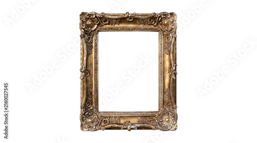 Rectangular ornate antique gold picture frame on a transparent background
