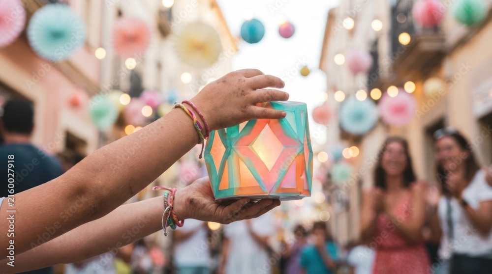 Obraz premium Hands holding colorful paper lantern at festive street celebration.