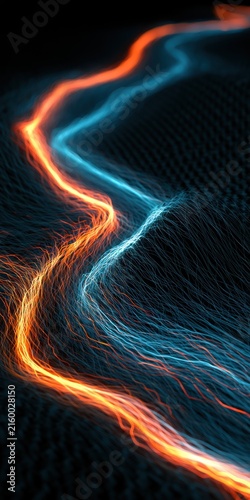 Abstract flowing lines of orange and blue light against a textured dark background
