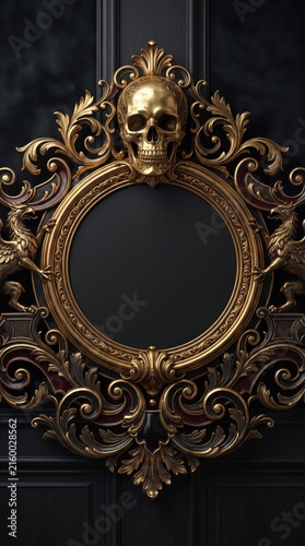 Gothic gold skull frame baroque ornate filigree border with copy space